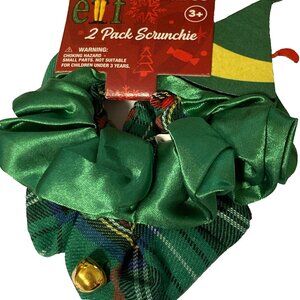 Santa's Elf Hat Christmas Hair Scrunchie 2 Pack Green Plaid Bells Red Green NWT